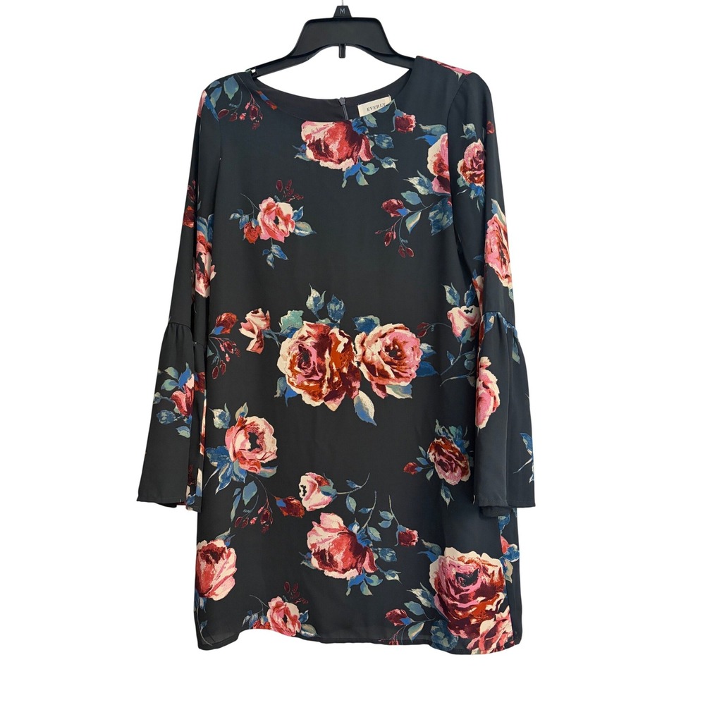 Everly Floral Bell Sleeve Shift Dress Dark Gray Bold Pink Rose Small‎ Short